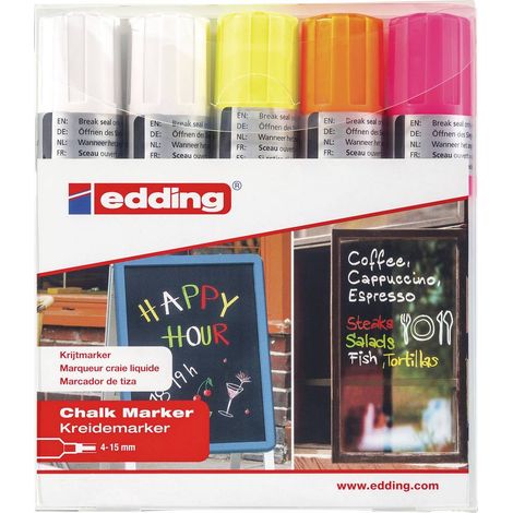 Edding 4090 4-4090-5999 Marcatore a gesso Bianco, Bianco, Giallo Neon , Arancione Neon , Rosa neon 4 mm, 15 mm (1/4)