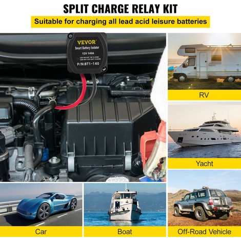 Kit de Relais Sensible à la Tension 12 V 140 A Kit d'Isolateur de Batterie Double, Relais de Batterie Charge Divisé Universel Étanche avec Câble de Batterie de 6 m pour VTT UTV Camions Camping (1/5)