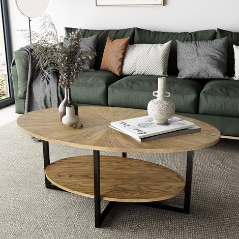 PADMA HOUSE Table basse ovale en bois massif avec pieds en métal croisé, 110 cm, table centrale industrielle moderne, avec étagère ouverte, table à cocktail, table à thé, pour salon, chambre à coucher