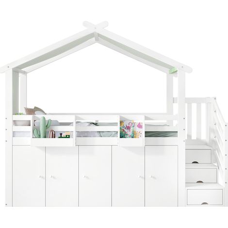 Cama alta infantil con escalera de almacenaje, armario y baúles, 90x200 cm, blanco y verde (1/5)
