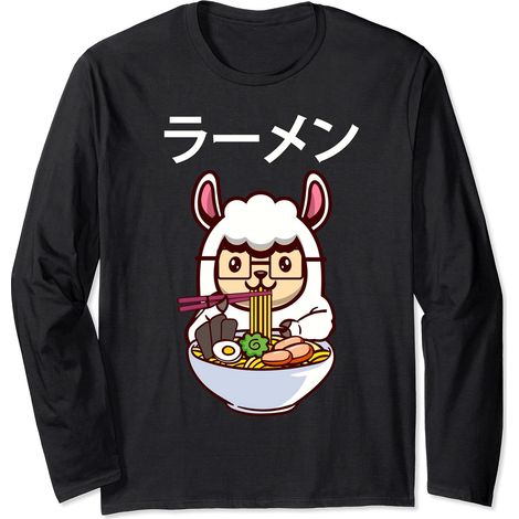 Kawaii Llama mangeant un bol de nouilles ramen Manche Longue