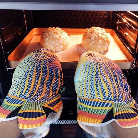 Guantes para microondas, pez de aguas profundas, guantes de algodón para horno con forma de pez, resistentes al calor, para asar, cocinar (1/5)
