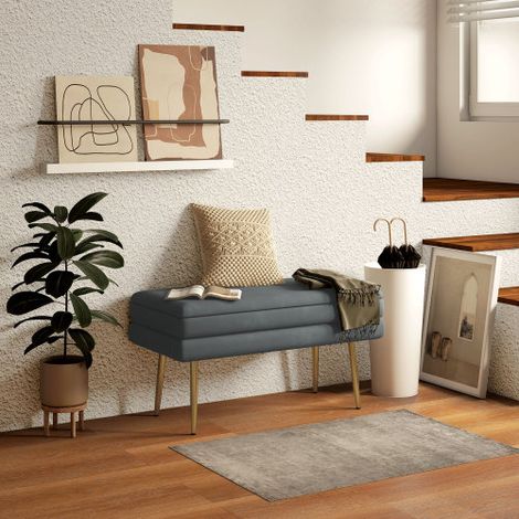 Banc capitonné gris aspect velours avec pieds en acier, fonction banc de lit et banc à chaussures, pratique et stable pour salon et chambre (1/3)