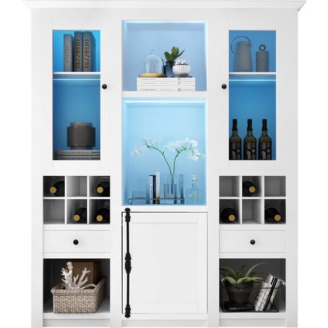 Vitrine blanche avec éclairage LED multicolore, meuble en MDF avec rangements, portes en acrylique, 143 x 45,5 x 170 cm (1/5)