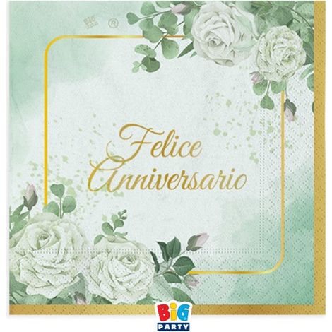 Big Party Tovaglioli Carta Felice Anniversario Eucalipto 25 x 25 Cm Bianco Verde