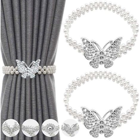 (Perle Papillon Argenté)Embrasse pour Rideaux,Lot de 2 Attache Rideau en Réglables avec Fil à Ressort,Attaches Rideaux avec Butterfly et Perles,Pas (1/5)