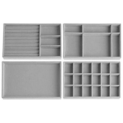 Duscdesp Lot de 4 tiroirs de rangement pour bijoux, organiseurs, boîtes à bijoux, en velours, empilables, pour boucles d'oreilles, bracelets, bagues (gris)