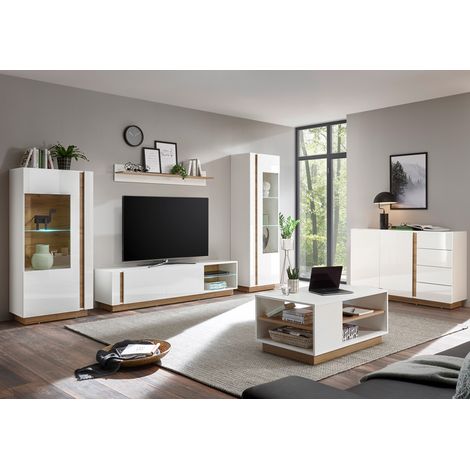 Wohnzimmer-Wohnwand-Set in weiß Glanz mit Grandson Oak Eiche Nb. CELLE-61 mit Sideboard und Couchtisch, B/H/T ca. 340/194/40 cm (1/5)
