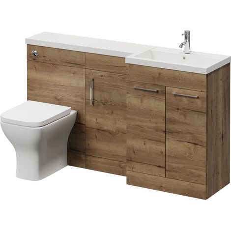 Napoli 390 Tobacco Oak 1500mm 3 Door Vanity Unit Toilet Suite with Right Hand Square Lucia Basin - 1500mm - Chrome 160mm HandleWith Kingston Toilet Pan and Seat
