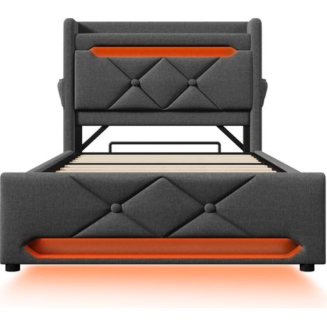 Letto singolo 90x200 in lino grigio con contenitore, LED e USB Type C HOMVRA (1/5)