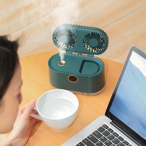 Neuer 2-in-1-Luftbefeuchter mit zwei Ventilatorköpfen, Mini-Nebelventilator, USB-wiederaufladbarer Luftbefeuchter, grün (1/5)
