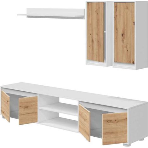 Ensemble de salon ( meuble TV, 2 meubles hauts, étagère murale) coloris chêne nordique, Blanc artik (1/4)