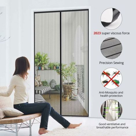 HONORNIC - Noir Moustiquaire Porte Magnétique 140x240cm Rideau Anti Mouche Bande Adhésive Fermeture Automatique Maille Ultra Fine Installation (1/4)