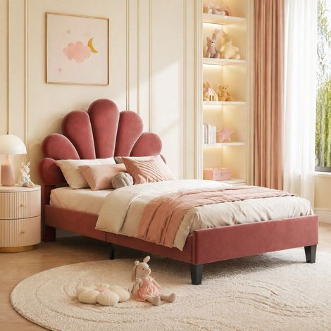 MEUBLIV Cama 90x200 cm rojo oscuro – cabecero flor en terciopelo, sin colchón (1/5)