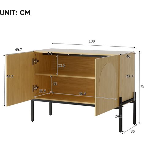 Buffet à deux portes avec pieds en métal, commode au design épuré et moderne, finition naturelle, dimensions : L 100 cm / H 75 cm / P 40 cm (1/4)