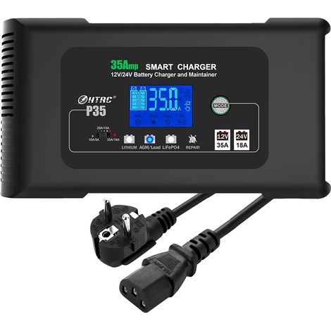 Chargeur de batterie de voiture, 35A de charge rapide, 12V/24V, affichage LCD intelligent, mode de réparation automatique, parfait pour voitures, camions, motos et plus, prise EU, Prise EU (1/2)