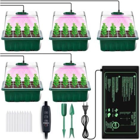 Mini Greenhouse for Plants, 5 Pieces Seedling Tray with Heating Mats, Timer Controller Adjustable Brightness, Indoor Universal Plant Grow Tray with Ventilated Lid (1/4)
