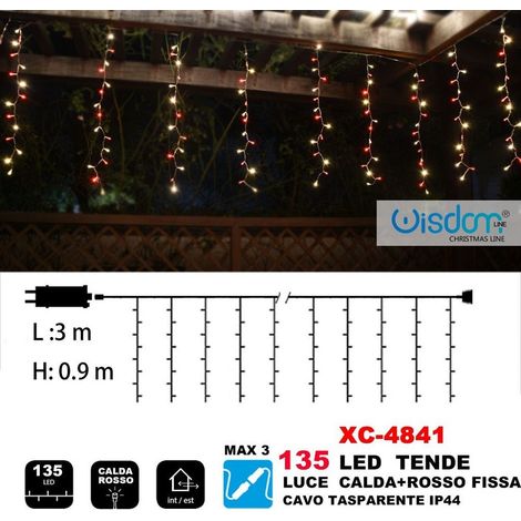 TRADE SHOP - Tenda Luminosa Natalizia 135 Led Luce Calda+rosso Fissa Cavo Trasparente Xc-4841 -