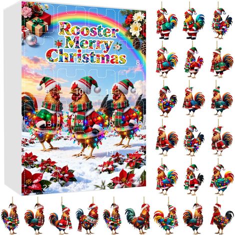 Calendrier De Lavent Coq - 24 Ornements En Acrylique Double Face - Décoration Murale Pour Noël - Lot De 1 (1/5)