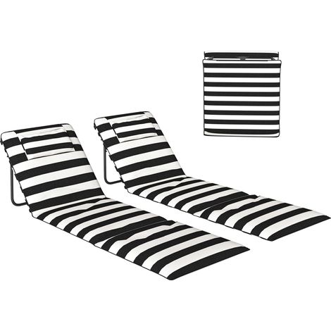 Set mit 2 faltbaren Strandmatten mit verstellbarer Rückenlehne und gepolsterter Kopfstütze, 150 x 50 x 2 cm, Grau und Weiß