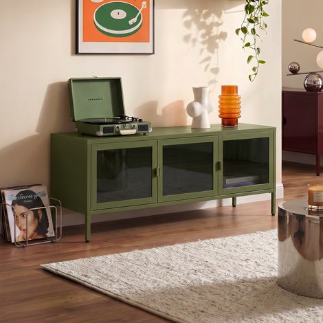 Meuble TV industriel en métal 130cm 3 portes, vert olive et verre trempé EZRA (1/5)