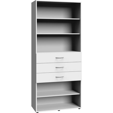 Etagère de rangement avec 3 tiroirs et 3 tablettes en mélamine coloris blanc - longueur 80 x hauteur 185 x profondeur 40 cm