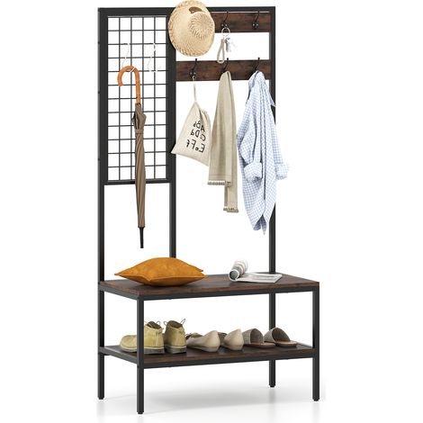 COSTWAY Industrial Coat Rack with Shoe Bench & Wall Grid Panel-Brown (1/5)