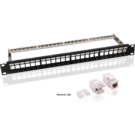 Kit composto da pannello Keystone a 24 porte, 19 pollici (48,3 cm) (1 U), incl. 24x moduli CAT 6 (UTP).