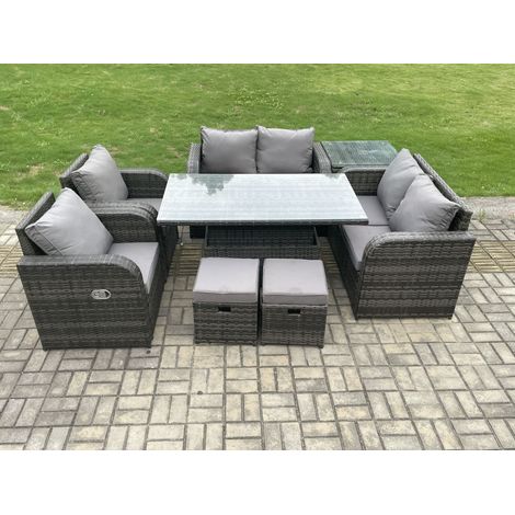 Fimous Extérieur Rotin Meubles De Jardin Ensemble Patio Hauteur Réglable Ascenseur Table À Manger Amour Canapé avec Table D’appoint 2 Tabourets De Pied (1/5)