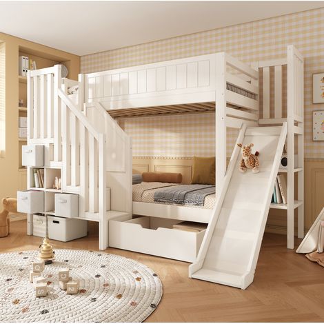 Kinder-Etagenbett 90x200 cm mit Rutsche, Stauraumtreppe und Schubladen, Weiß OKMYHOME (1/5)