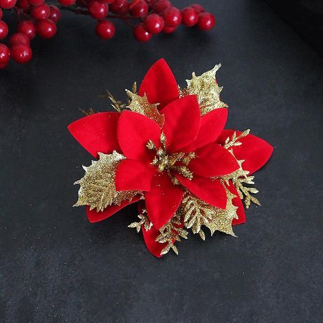 (Rosso Oro) Clip da cintura a forma di albero di Natale con fiori, 10 pezzi, fiori natalizi artificiali glitterati, ghirlanda di fiori per albero di Natale (1/5)