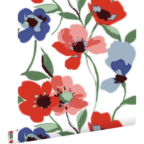 papier peint coquelicots rouge, bleu et vert - ESTAhome (1/5)