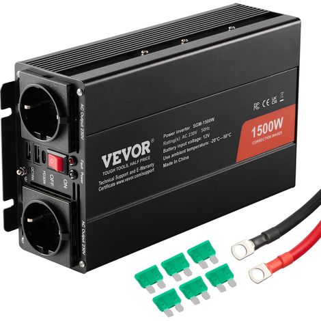 Onduleur à onde sinusoïdale modifiée, 1500 W, onduleur CC 12 V à CA 230 V avec 2 prises AC, 2 ports USB, 1 port Type-C, 6 fusibles de rechange, pour petits appareils domestiques, smartphone, pc (1/5)