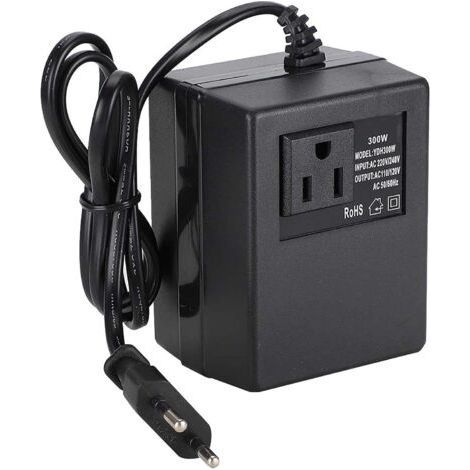 300-W-Wechselstrom-Spannungswandler (220 V auf 110 V) – EU-Steckeradapter für 50-Hz-/60-Hz-Geräte – Schwarzer Kunststoff – 95 x 75 x 62 mm (1/5)