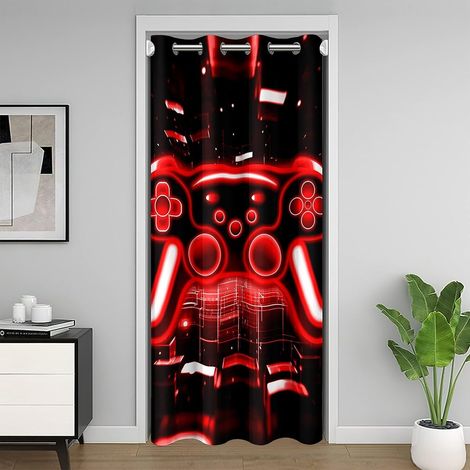 Rideau de Porte Gamer, Rideau Occultant Jeu, Rideaux de Placard Lumières de Néon Jeux Game Garçon, Rideaux Occultant Cube de Brique Rouge, 86 x 203 cmJeu - 86L X 203H cm (1 Panneaux) (1/5)