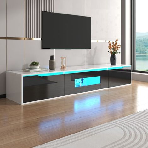 Mueble de TV lacado brillante, en color negro y blanco, con iluminación LED, 3 puertas, mueble de salón, 180 x 35 x 30 cm