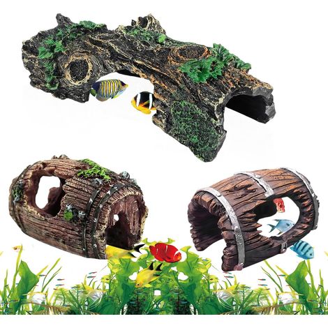 Décoration d'Aquarium Lot de 3 Ornements de Résine Cachette de Poissons et Crevettes Tronc d'Arbre et Tonneaux pour Décor Paysager de Réservoir (1/5)