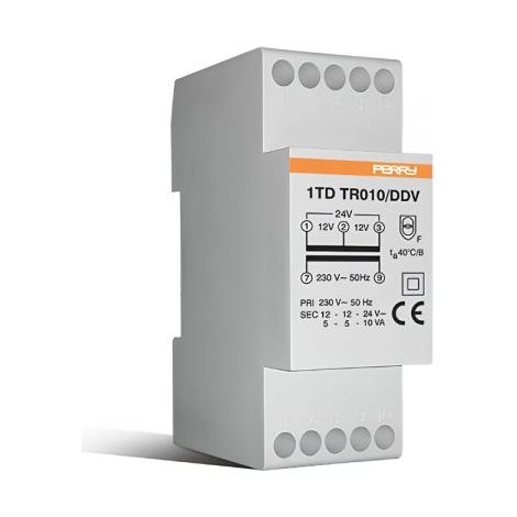 PERRY Trasformatore 10VA per servizio continuo uscite 12-12-24V 2 DIN, montaggio a retroquadro IP40 - 1TDTR010/DDV