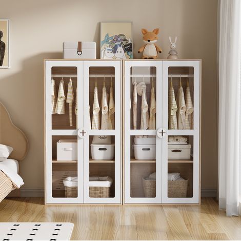 Armario infantil de 2 puertas con barra para colgar, juego de 2 piezas blanco y natural (1/5)