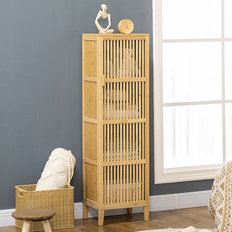 Meuble Rangement en Bambou - Étagères & Porte à Lamelles Design, Salle de Bain/Chambre/Salon, 40x30x140cm