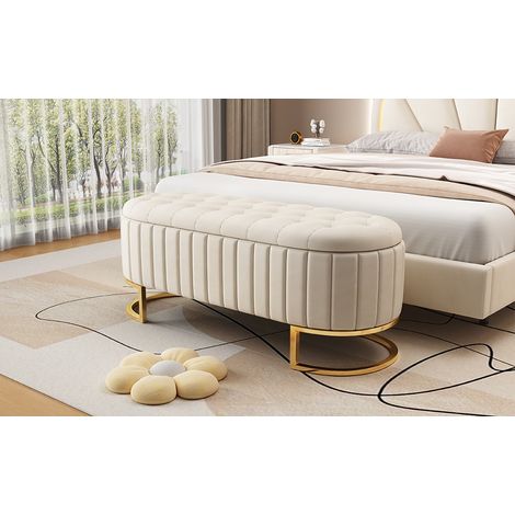 Coffre banquette rembourré 120x40cm, repose-pieds velours beige avec rangement intégré, siège de stockage élégant pour salon et entrée (1/5)