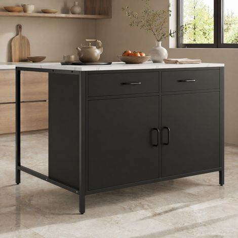 Tavolo alto 100/90/90 cm nero con effetto marmo e 2 cassetti, moderno e funzionale (1/5)