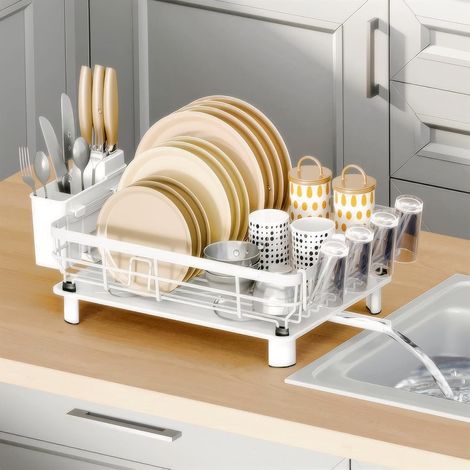 Egouttoir Vaisselle sur Evier Égouttoir à Vaisselle Blanc Egouttoir avec Plateau Porte Couverts et Porte Tasse (Blanc, Grand) (1/5)