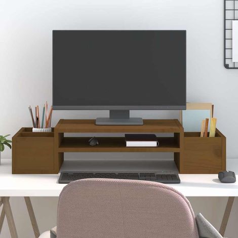 Support de moniteur en bois de pin massif marron miel 70 x 27,5 x 15 cm avec rangement - PANGIVO (1/5)