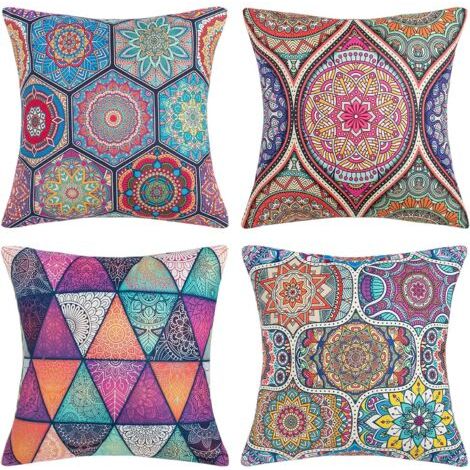 Housses de coussin 45 x 45 cm Taies d'oreiller Bohème Mandala Floral Taies d'oreiller Coton Lin Carré Extérieur Décoratif Moderne Hippie Art Taies d'oreiller pour Canapé Canapé Pack de 4 (1/4)