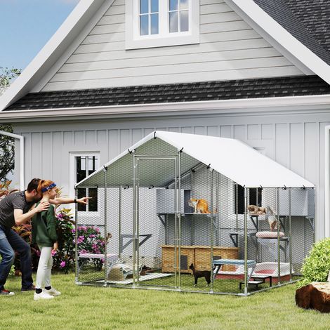 Jaula Grande para Gatos Exterior con 2 Casitas 7 Plataformas para Saltar Cubierta Impermeable y Anti-UV 240x193x195 cm (1/5)