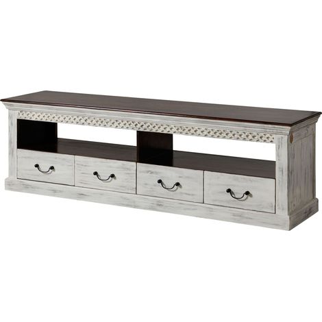 TV-Board Mango / Akazie weiß gewachst 200x50x60 cm montiert CASTLE-ANTIK 107 (1/3)