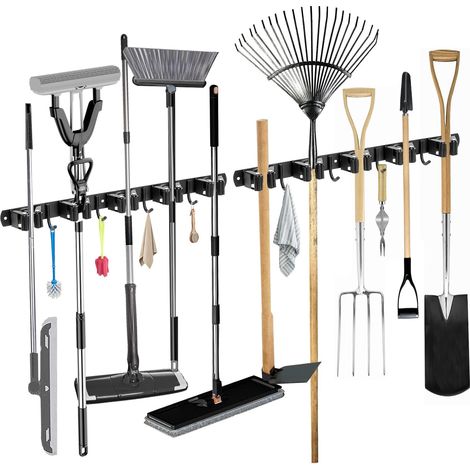 Dos soportes de pared para escobas (incluye 10 soportes y 8 ganchos) para herramientas de jardín, fabricados en acero inoxidable, aptos para cocinas, baños, garajes y jardines (negro). (1/5)