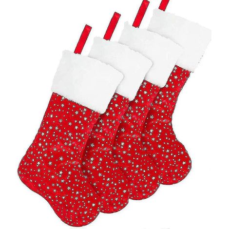Lot de 4 bas de Noël rouges - Bas de Noël de 45 cm avec étoiles dorées et bordure en peluche blanche pour la cheminée (1/4)