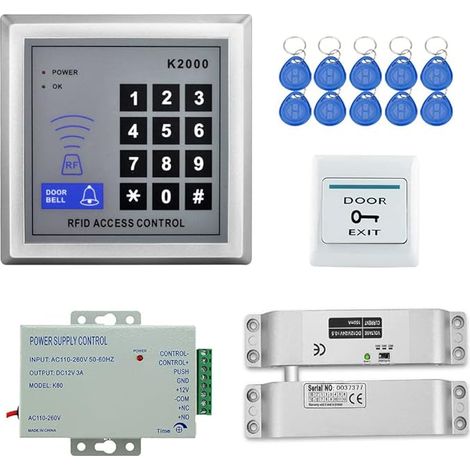 Full Set RFID Door Access Control System Kit + Electric Bolt Lock + 110-240V AC 12V DC 3A 36W Power Supply + Proximity Door Entry Keypad 10 Button EXIT Charms Key (1/5)